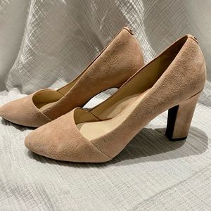 Blush colored suede pumps with thick heel